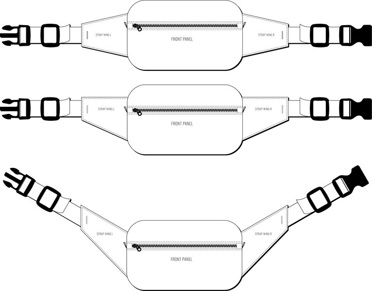 Three configurations of the Towpath pack, standard waist pack, lightweight waist pack, crossbody bag.