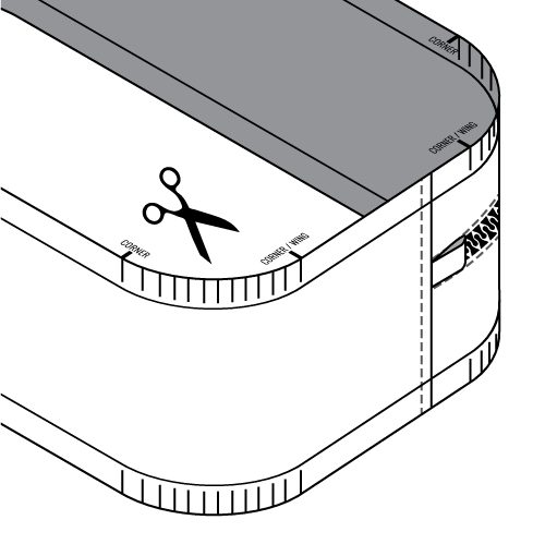 Three quarter view of a pattern illustration step showing the Towpath Pack gusset